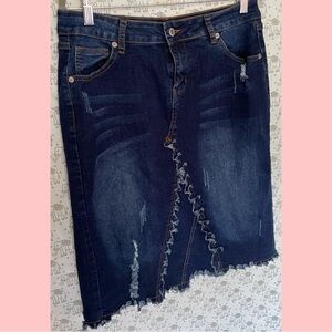 Women’s Blue Pencil Skirt with Hem and Frayed Edge